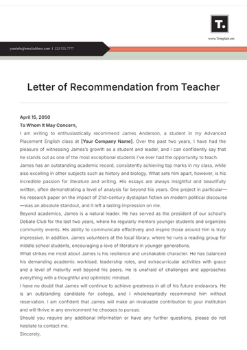 Free Letter of Recommendation from Teacher Template to Edit Online
