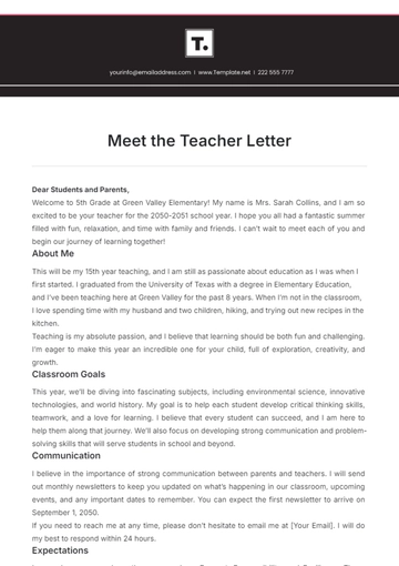 Free Meet the Teacher Letter Template to Edit Online