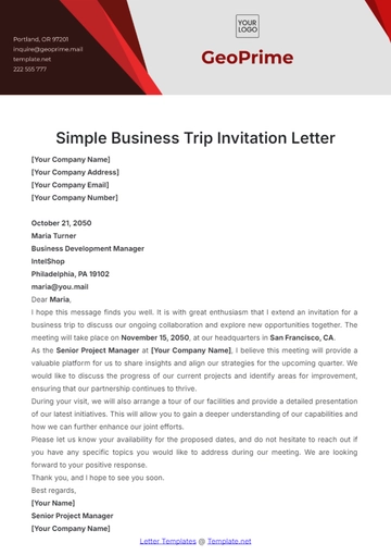 Free Simple Business Trip Invitation Letter Template to Edit Online