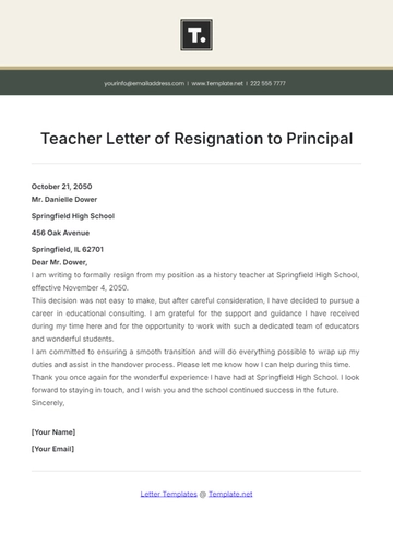 Free Teacher Letter of Resignation to Principal Template to Edit Online