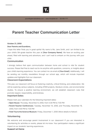 Free Parent Teacher Communication Letter Template to Edit Online