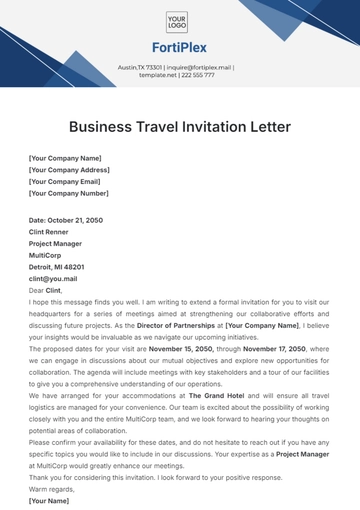 Free Business Travel Invitation Letter Template to Edit Online