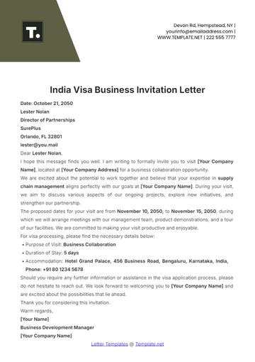 Free India Visa Business Invitation Letter Template to Edit Online
