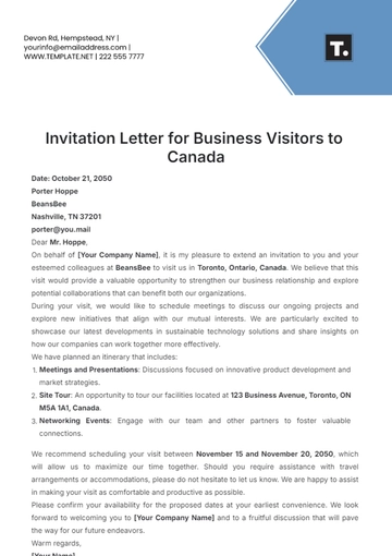 Free Invitation Letter for Business Visitors to Canada Template to Edit Online