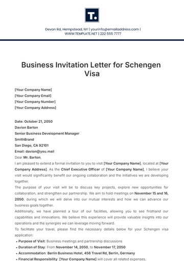 Free Business Invitation Letter for Schengen Visa Template to Edit Online