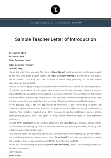 Free Sample Teacher Letter of Introduction Template to Edit Online