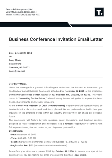 Free Business Conference Invitation Email Letter Template to Edit Online