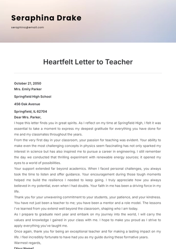Free Heartfelt Letter to Teacher Template to Edit Online