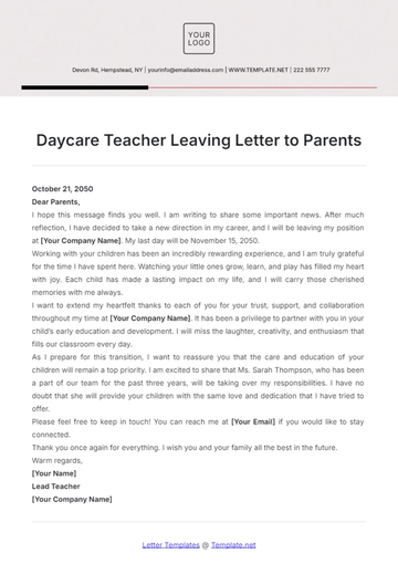 Free Daycare Teacher Leaving Letter to Parents Template to Edit Online