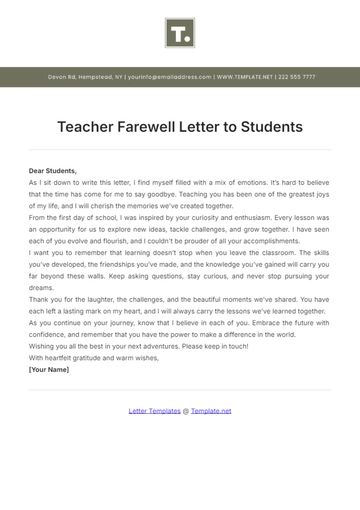Free Teacher Farewell Letter to Students Template to Edit Online