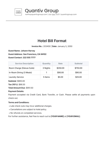 Free Hotel Bill Format Template to Edit Online