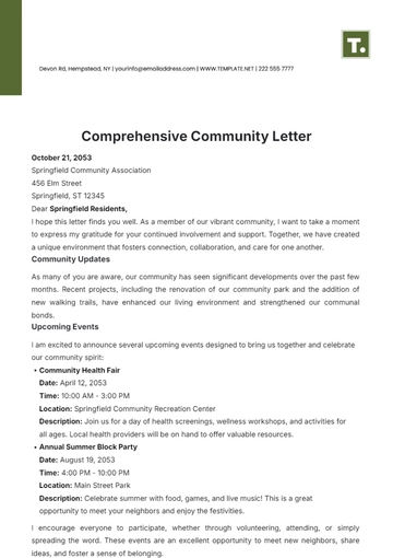 Free Comprehensive Community Letter Template to Edit Online