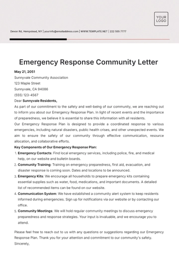 Free Emergency Response Community Letter Template to Edit Online
