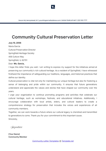 Free Community Cultural Preservation Letter Template to Edit Online