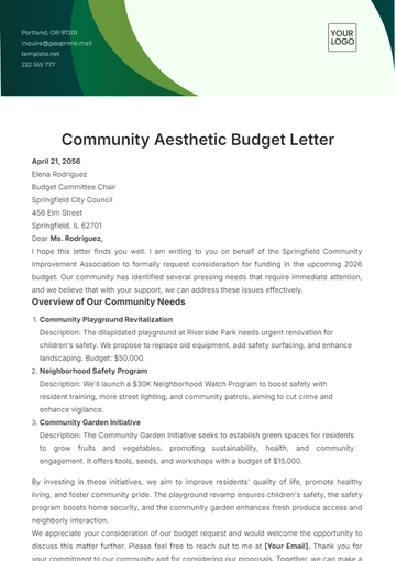 Free Community Aesthetic Budget Letter Template to Edit Online