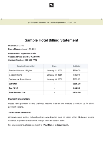 Free Sample Hotel Billing Statement Template to Edit Online