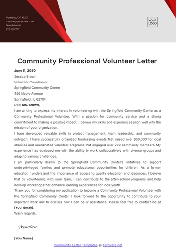Free Community Professional Volunteer Letter Template to Edit Online