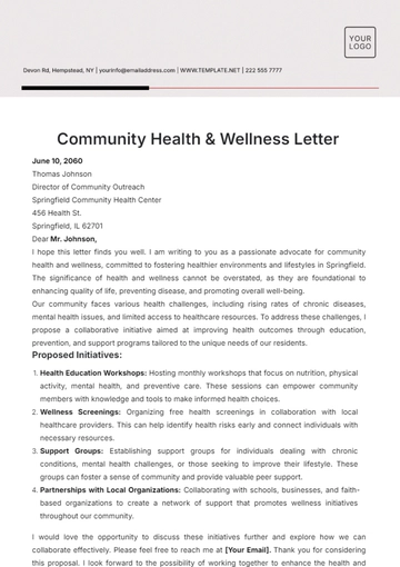 Free Community Health & Wellness Letter Template to Edit Online