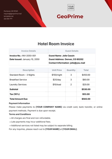 Free Hotel Room Invoice Template to Edit Online