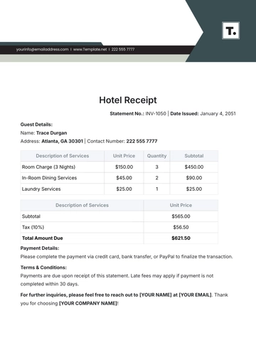 Free Hotel Receipt Template to Edit Online
