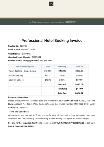 Free Professional Hotel Booking Invoice Template to Edit Online