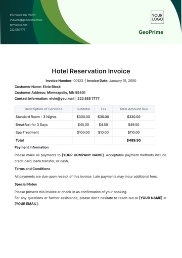 Free Hotel Reservation Invoice Template to Edit Online