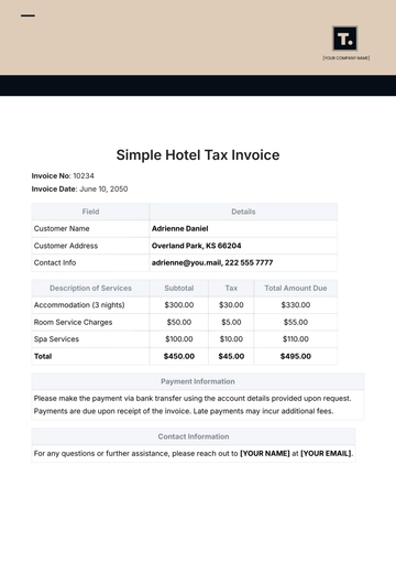 Free Simple Hotel Tax Invoice Template to Edit Online