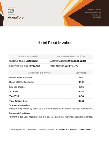 Free Hotel Food Invoice Template to Edit Online