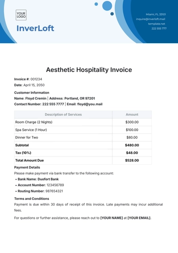 Free Aesthetic Hospitality Invoice Template to Edit Online