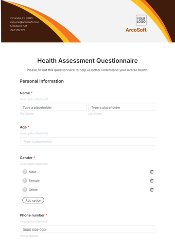 Free Health Assessment Questionnaire Template to Edit Online
