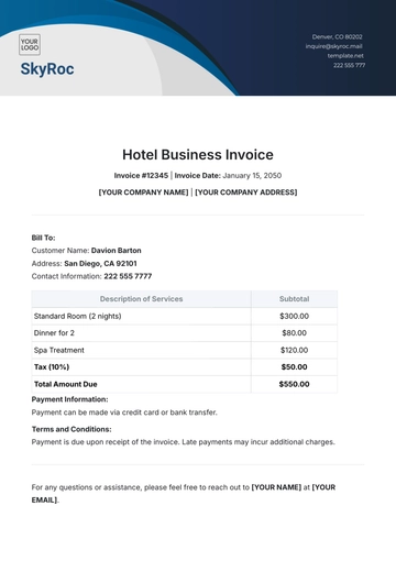 Free Hotel Business Invoice Template to Edit Online