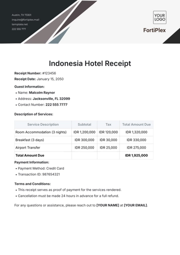 Free Indonesia Hotel Receipt Template to Edit Online