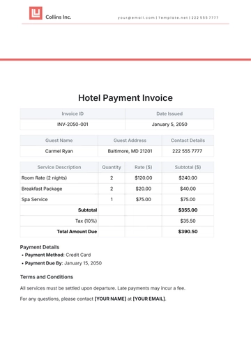 Free Hotel Payment Invoice Template to Edit Online