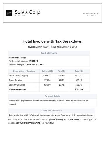 Free Hotel Invoice with Tax Breakdown Template to Edit Online