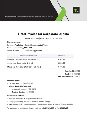 Free Hotel Invoice for Corporate Clients Template to Edit Online