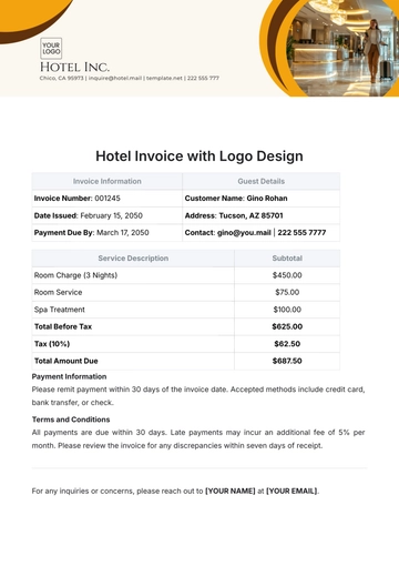 Free Hotel Invoice Template with Logo Design to Edit Online