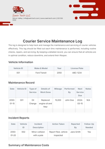 Free Courier Service Maintenance Log Template to Edit Online