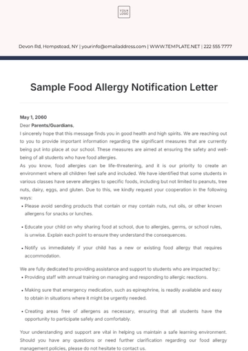 Free Sample Food Allergy Notification Letter Template to Edit Online