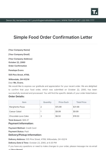 Free Simple Food Order Confirmation Letter Template to Edit Online