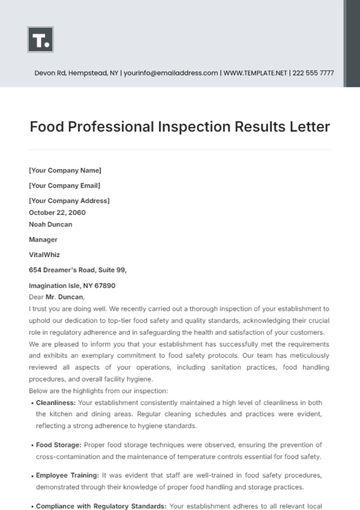 Free Food Professional Inspection Results Letter Template to Edit Online