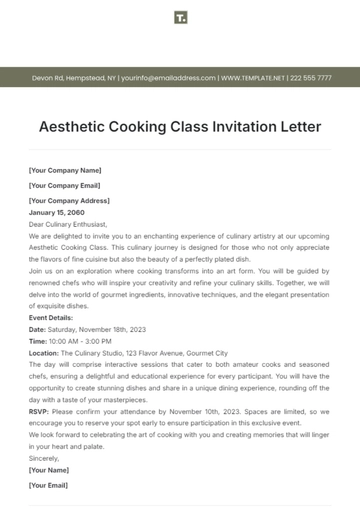 Free Aesthetic Cooking Class Invitation Letter Template to Edit Online