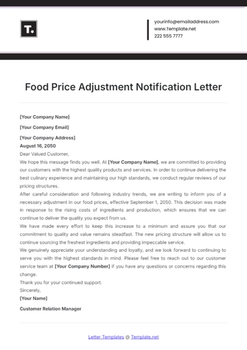 Free Food Price Adjustment Notification Letter Template to Edit Online