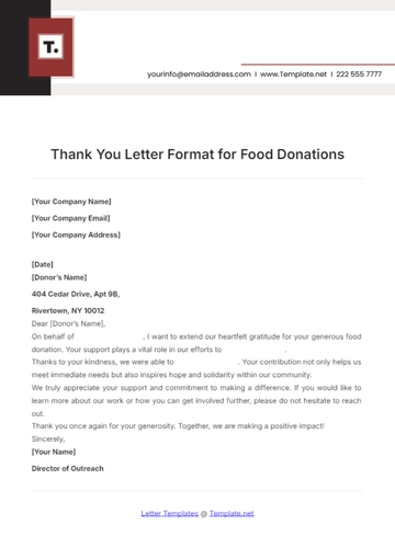 Free Thank You Letter Format for Food Donations Template to Edit Online