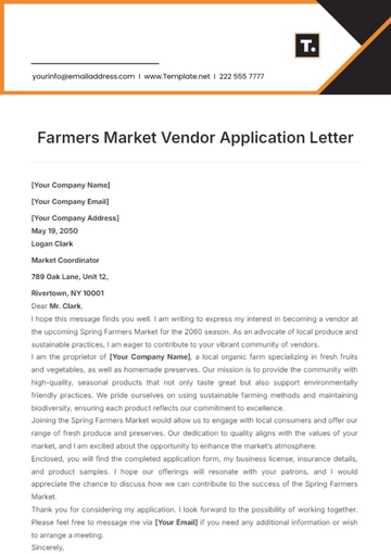 Free Farmers Market Vendor Application Letter Template to Edit Online