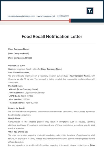 Free Food Recall Notification Letter Template to Edit Online