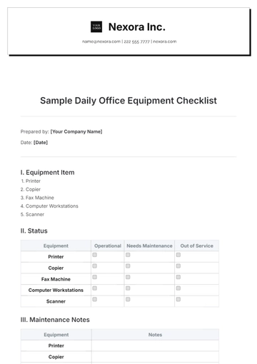 Free Sample Daily Office Equipment Checklist Template to Edit Online