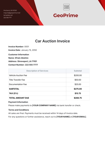 Free Car Auction Invoice Template to Edit Online