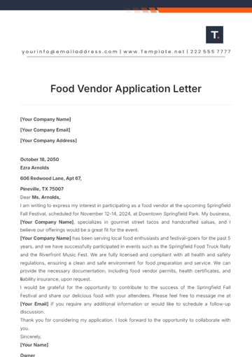 Free Food Vendor Application Letter Template to Edit Online