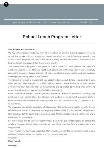 Free School Lunch Program Letter Template to Edit Online