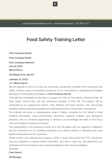 Free Food Safety Training Letter Template to Edit Online